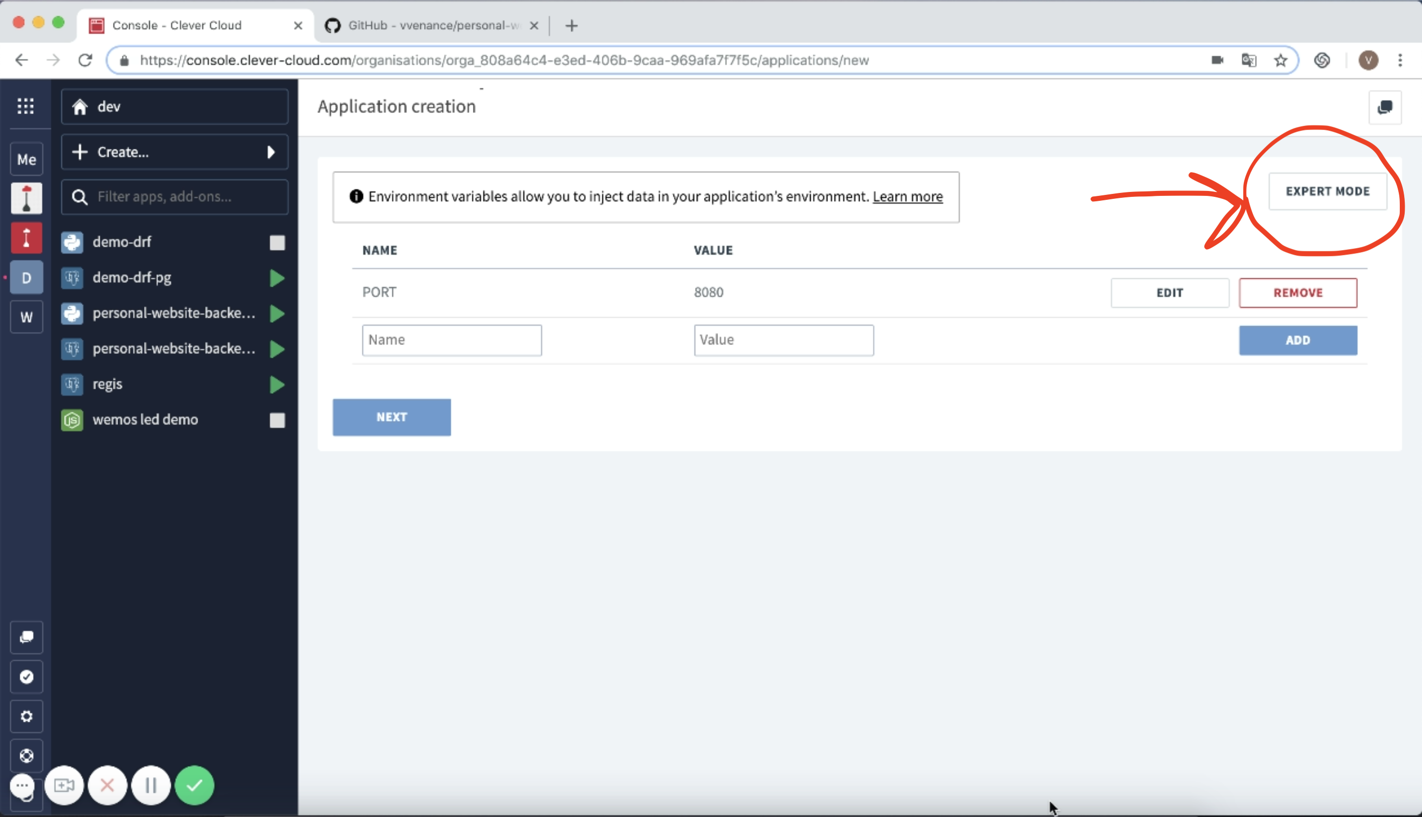 select expert mode for adding env variables