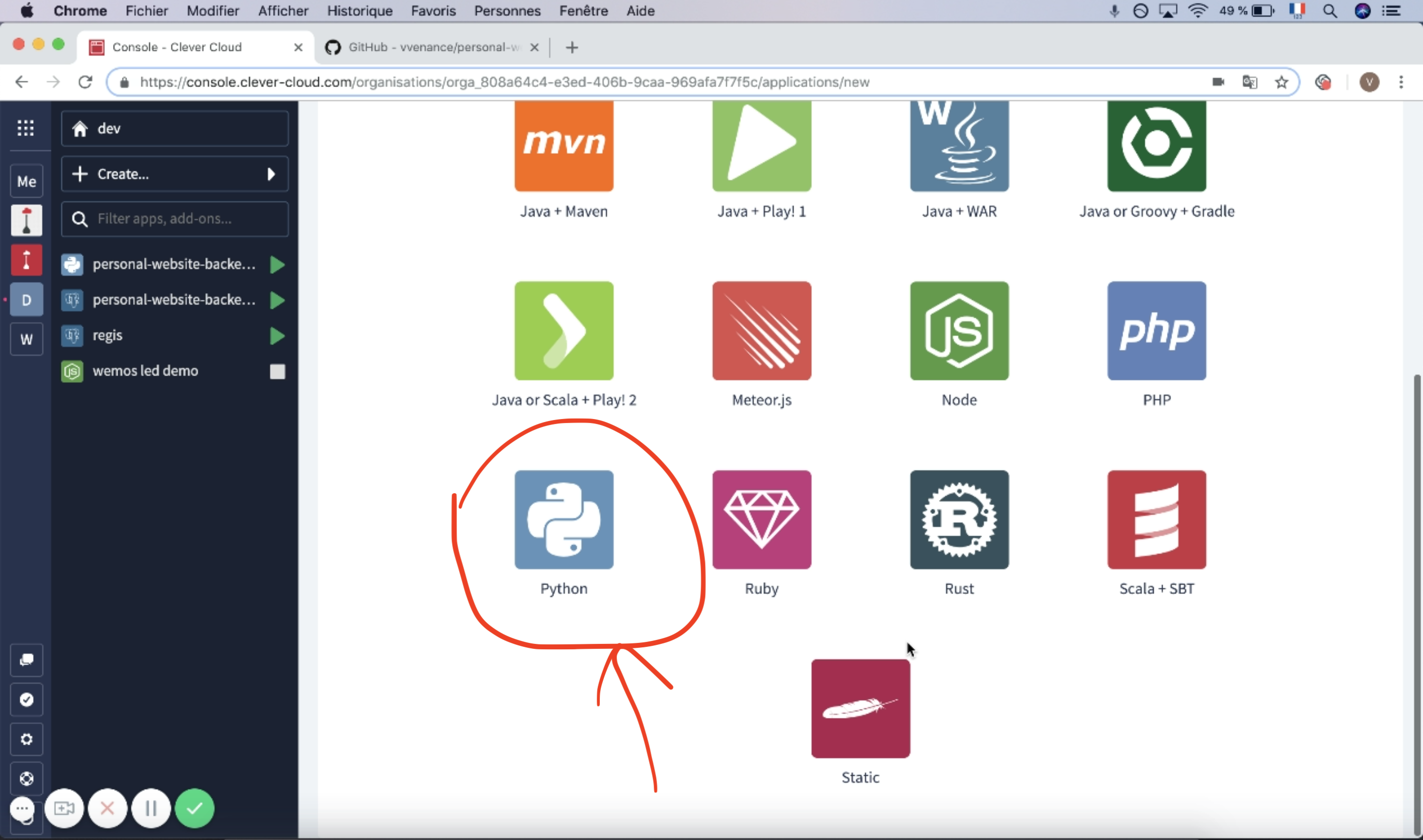 select python on the clever cloud console
