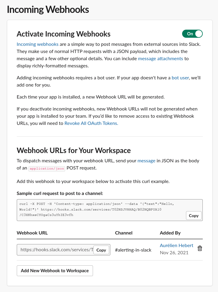 Slack incoming webhook