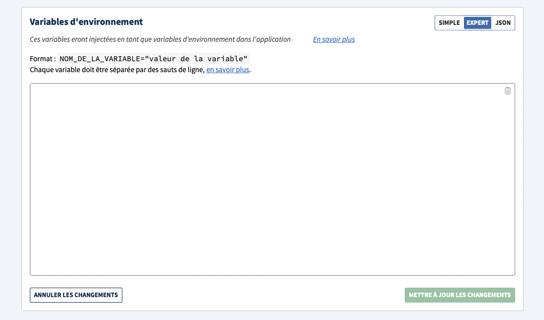 Expert mode on Clever Cloud Environnement variables page