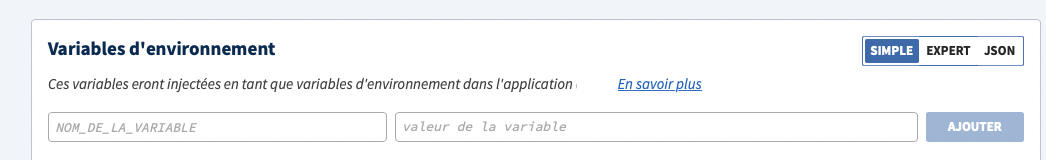 Console Clever Cloud variables d'environnements mode simple