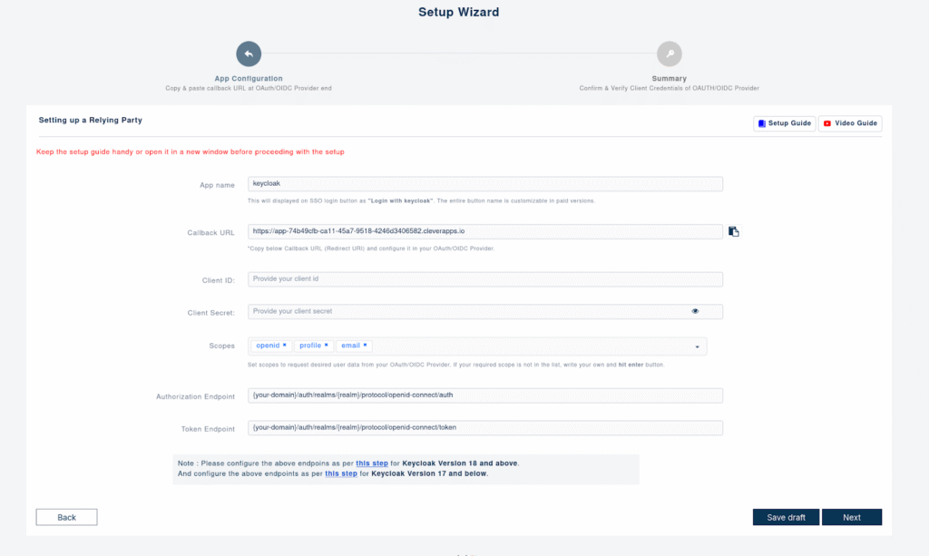Keycloak setup page of miniOrange plugin