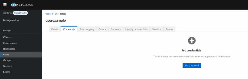 Credentials page to add password to Keycloak user